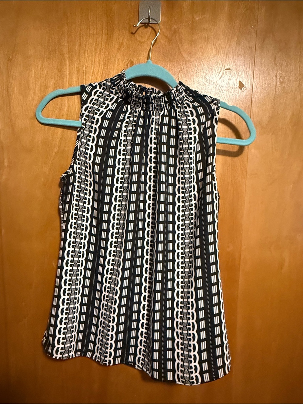 White House Black Market Black & White Smocked-Neck Sleeveless Top